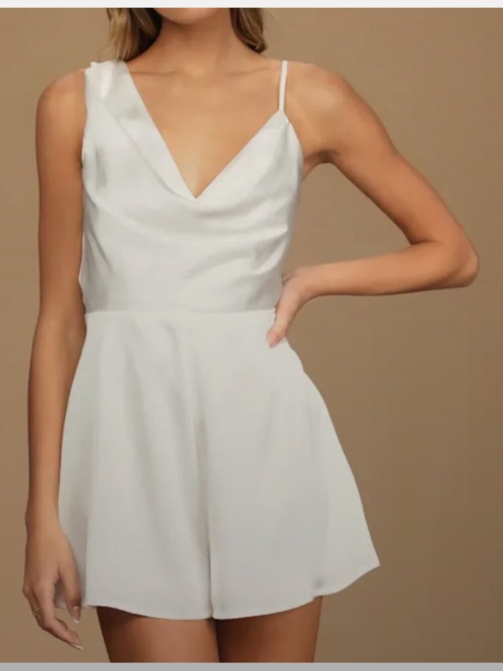 NEW Lulus Likely Lover Ivory Satin Asymmetrical Cowl Neck Romper M